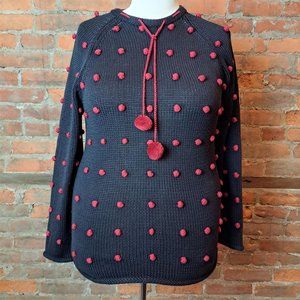 Vintage Womens Sweater 1990s  Black Dark Red Popcorn Stitch  Tie Neck PomPoms XL